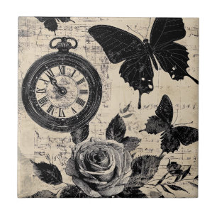 Sepia Floral Butterfly Wanderlust Compass Tile