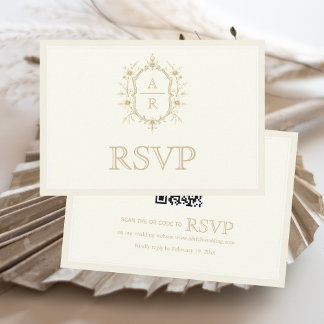Sepia floral crest monogram QR code wedding RSVP Card