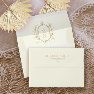 Sepia floral crest monogram vintage ivory wedding envelope