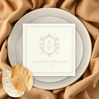Sepia floral crest monogram vintage ivory wedding napkin