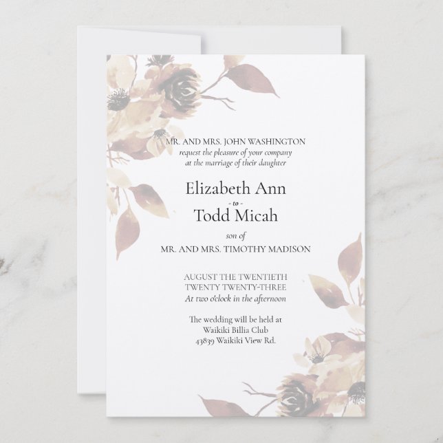 Sepia Floral Watercolor Wedding Invitation (Front)
