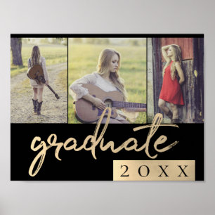 Sepia Gold Graduate Modern Black Grad 3 Photo Poster