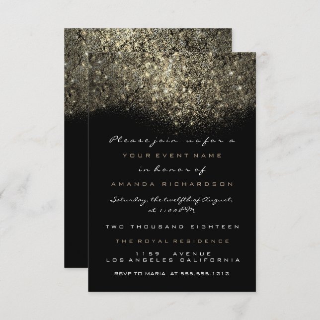 Sepia Gold Sparkly Glitter Black Invitation (Front/Back)