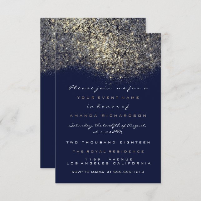 Sepia Gold Sparkly Glitter Blue Navy  Invitation (Front/Back)