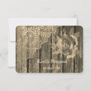 Sepia Gold Wood Lace and Rose Wedding RSVP Card