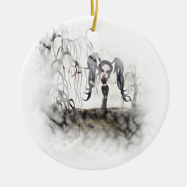Sepia Goth Girl Vignette Ceramic Tree Decoration (Front)