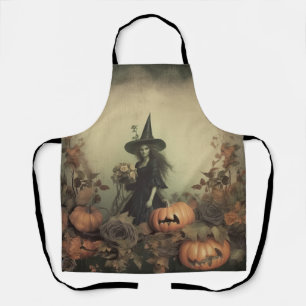 Sepia Gothic Witch with Pumpkins and Autumn Roses Apron