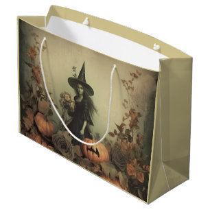 Sepia Gothic Witch with Pumpkins and Autumn Roses Large Gift Bag