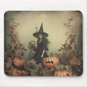 Sepia Gothic Witch with Pumpkins and Autumn Roses Mouse Pad
