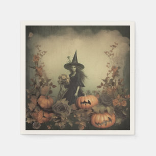 Sepia Gothic Witch with Pumpkins and Autumn Roses Napkin