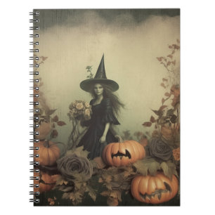 Sepia Gothic Witch with Pumpkins and Autumn Roses Notebook