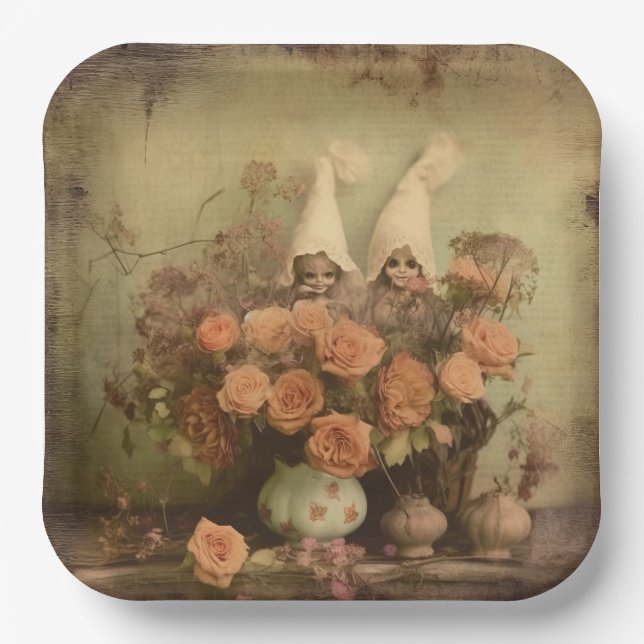 Sepia Gothic Witch with Pumpkins and Autumn Roses Paper Plate (Front)