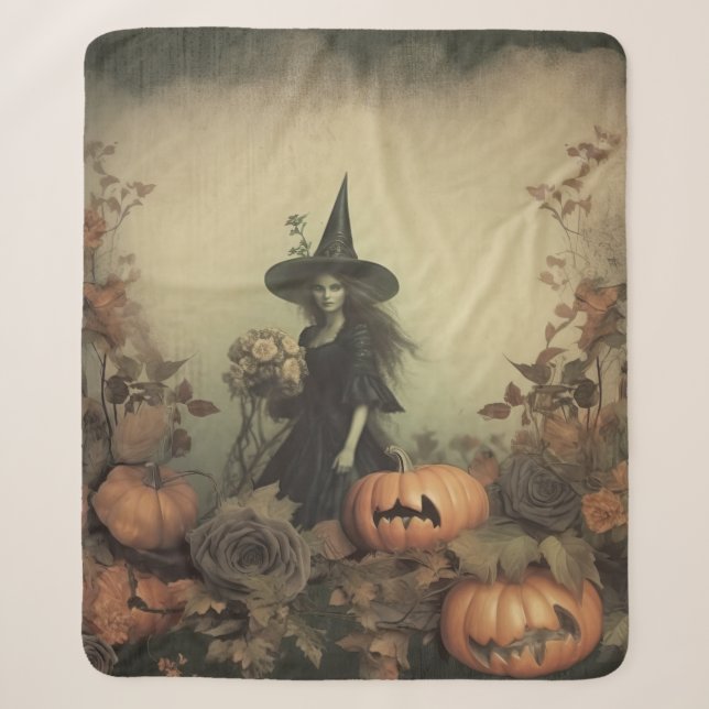 Sepia Gothic Witch with Pumpkins and Autumn Roses Sherpa Blanket (Front)
