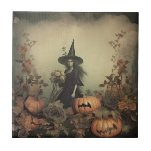 Sepia Gothic Witch with Pumpkins and Autumn Roses Tile