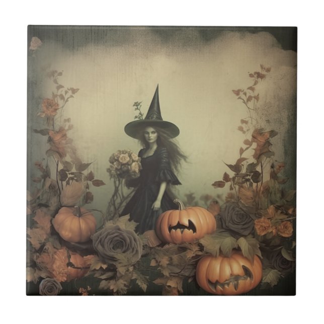 Sepia Gothic Witch with Pumpkins and Autumn Roses Tile (Front)