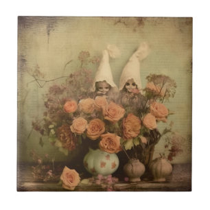 Sepia Gothic Witch with Pumpkins and Autumn Roses Tile