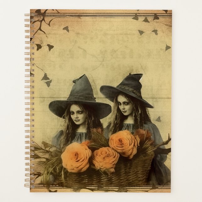 Sepia Gothic Witches Orange Rose Basket Planner (Front)