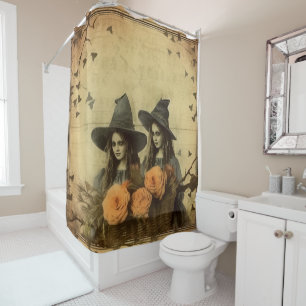 Sepia Gothic Witches Orange Rose Basket Shower Curtain