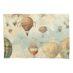 Sepia Hot Air Balloon Antique Map Pillowcase