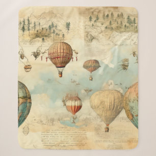 Sepia Hot Air Balloon Antique Map Sherpa Blanket