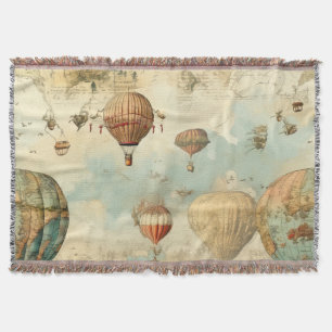 Sepia Hot Air Balloon Antique Map Throw Blanket