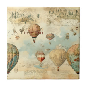 Sepia Hot Air Balloon Antique Map Tile