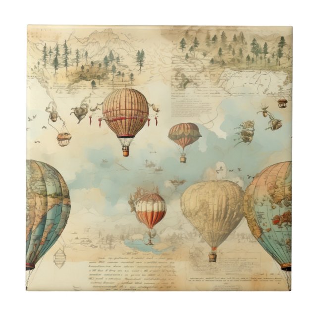 Sepia Hot Air Balloon Antique Map Tile (Front)