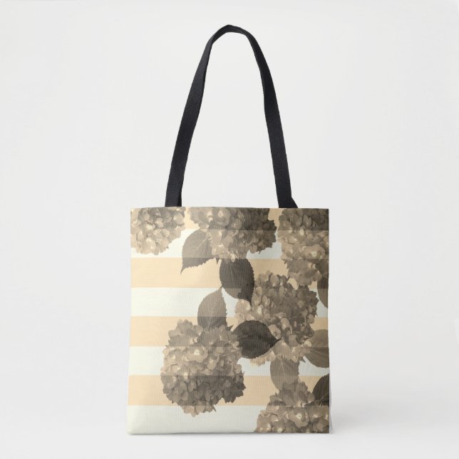 Sepia Hydrangea with Stripes Tote Bag (Front)