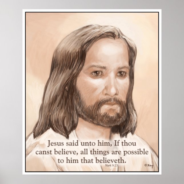Sepia Jesus Art Bible Quote - Mark 9:23 Poster (Front)