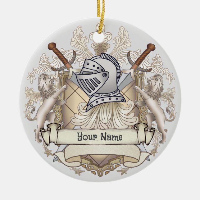 Sepia knight Shield surname Ceramic Tree Decoration (Front)