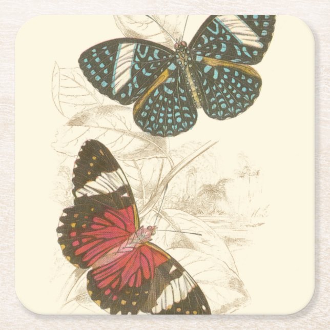 Sepia Leaves with Colourful Butterflies Square Paper Coaster (Front)