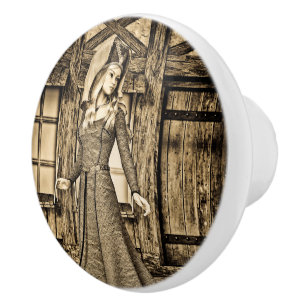 Sepia Mediaeval Princess Renaissance Art Ceramic Knob