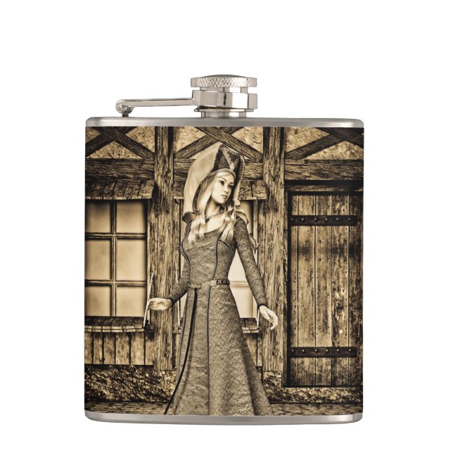 Sepia Mediaeval Princess Renaissance Art Hip Flask (Front)