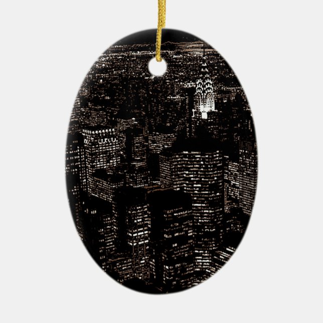 Sepia New York City Night Skyline Ceramic Tree Decoration (Front)