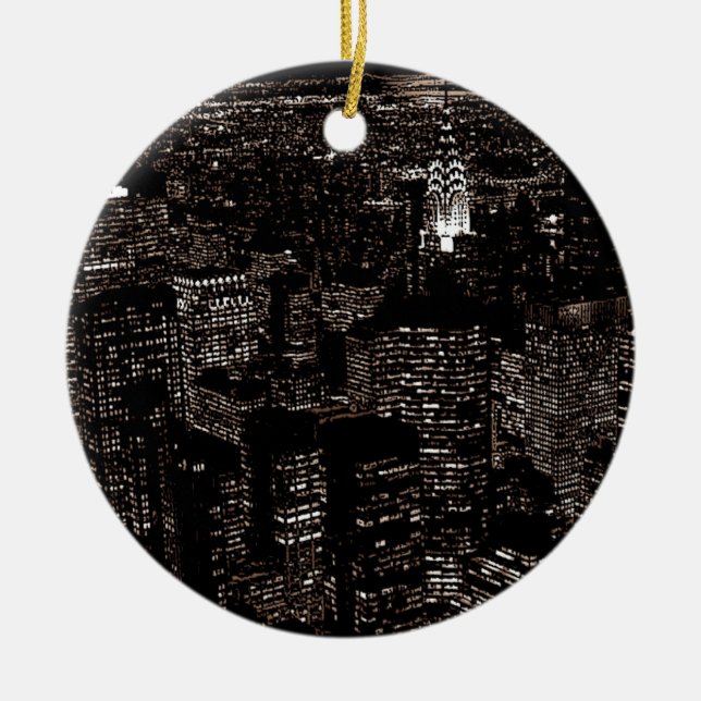 Sepia New York City Night Skyline Ceramic Tree Decoration (Front)