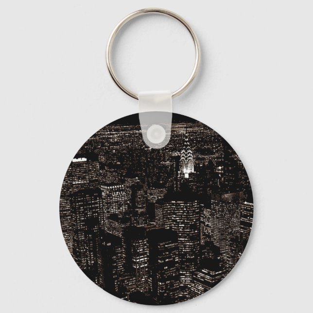Sepia New York City Night Skyline Key Ring (Front)