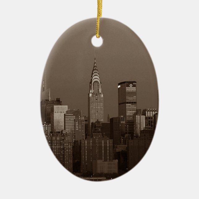 Sepia New York City Skyline Ceramic Tree Decoration (Front)