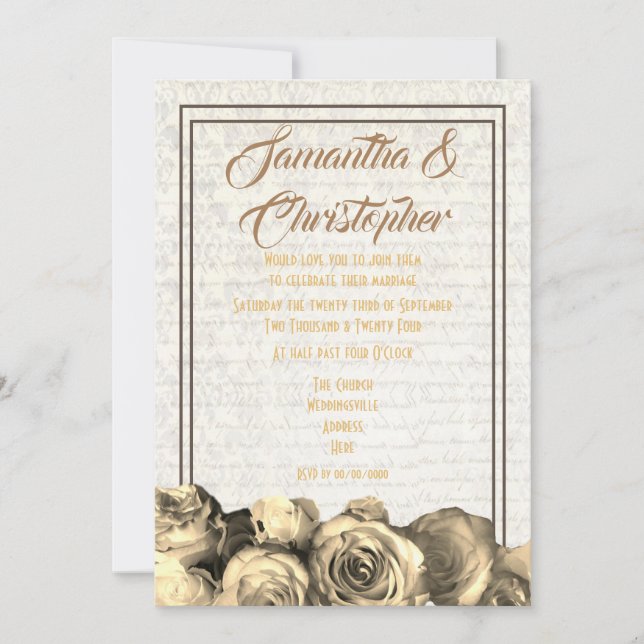 Sepia parchment floral traditional wedding invitation (Front)