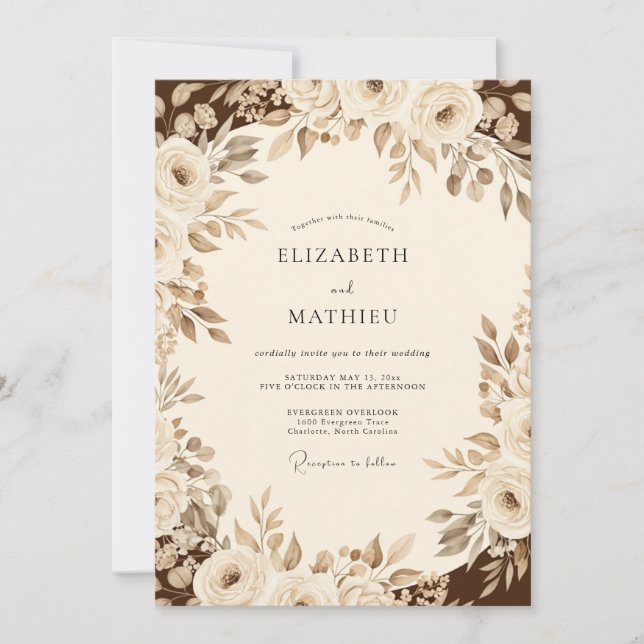 Sepia Romantic Floral Wedding Invitation (Front)