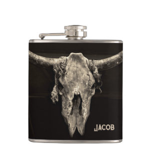 Sepia rustic buffalo skull with horns hip flask
