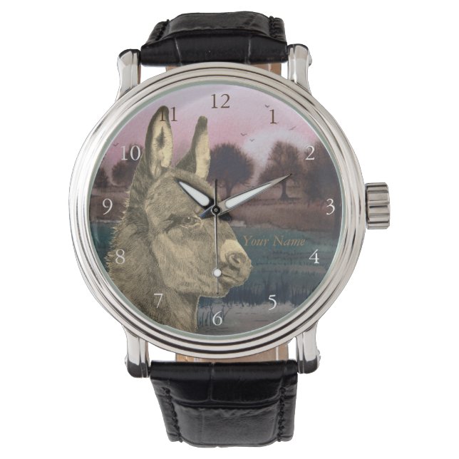 sepia scenic lifelike drawing of cute donkey watch (Front)