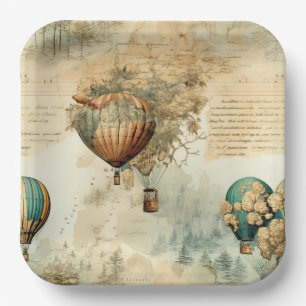 Sepia Steampunk Hot Air Balloon Globe Map Paper Plate
