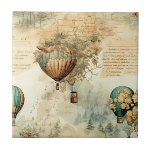 Sepia Steampunk Hot Air Balloon Globe Map Tile