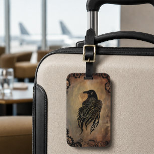 Sepia Stone Tribal Clockwork Gears Black Raven Luggage Tag