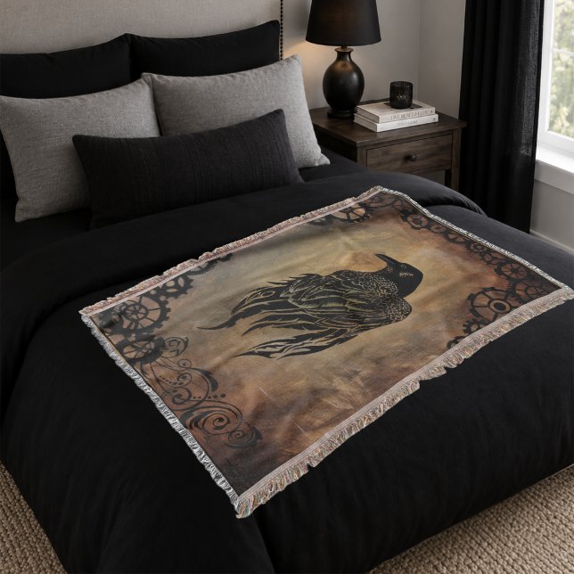  Sepia Stone Tribal Clockwork Gears Black Raven  Throw Blanket (Creator Uploaded)