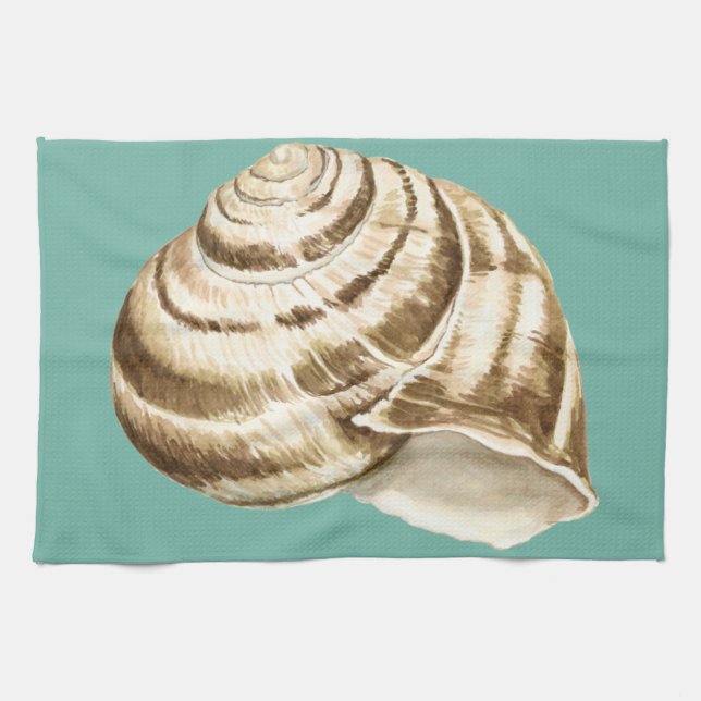 Sepia Striped Shell on Teal Tea Towel (Horizontal)