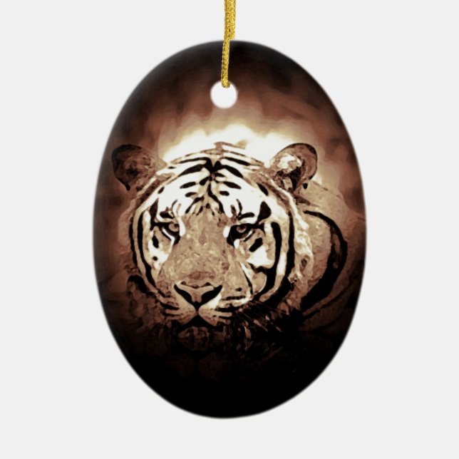 Sepia Tiger Ceramic Tree Decoration (Front)