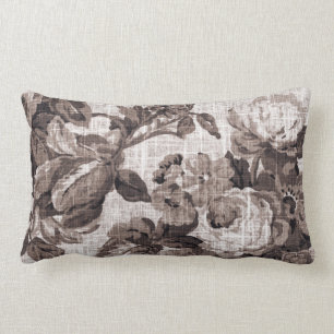 Sepia Tone Brown Floral Toile Fabric No.5 Lumbar Cushion