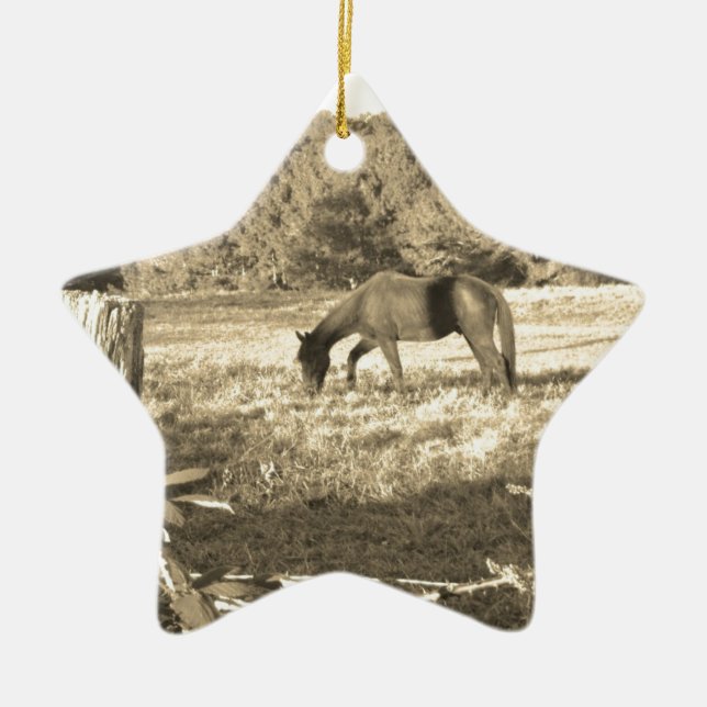 Sepia tone Brown horse and fence Ceramic Tree Decoration (Front)