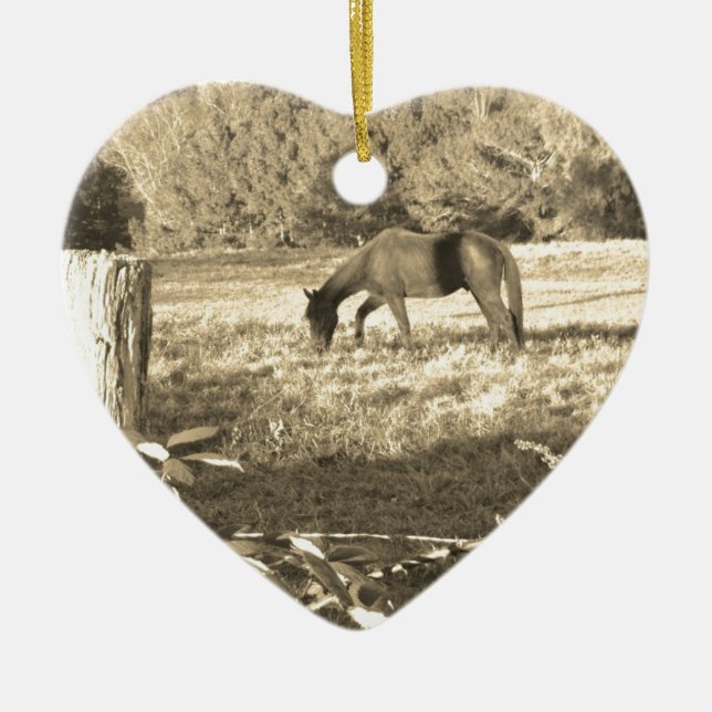 Sepia tone Brown horse and fence Ceramic Tree Decoration (Front)